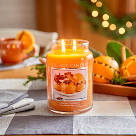 Village Candle Orange Cinnamon jar close-up with wicks for clean, even burning