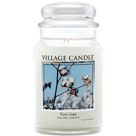 Village Candle Pure Linen glass apothecary jar close-up showcases clean design for living rooms.