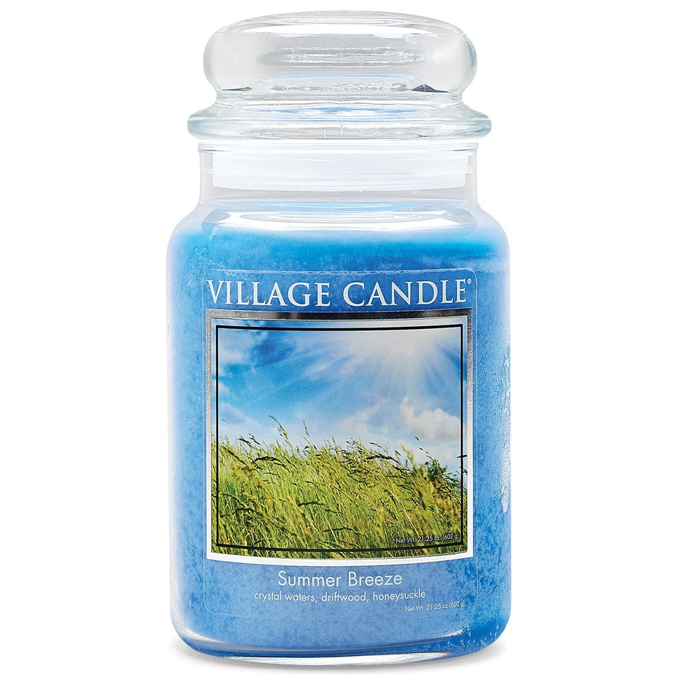 Village Candle Summer Breeze blue jar creates a fresh ocean mood in the room