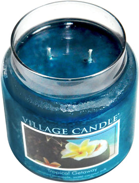 Village Candle Tropical Getaway burn scene demonstrates clean, even melt from dual-wick technology.