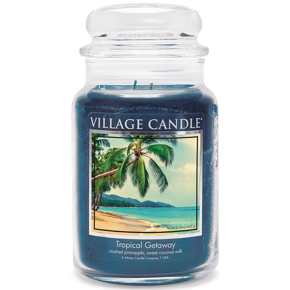 Village Candle Tropical Getaway teal jar with vibrant color and long lasting scent.