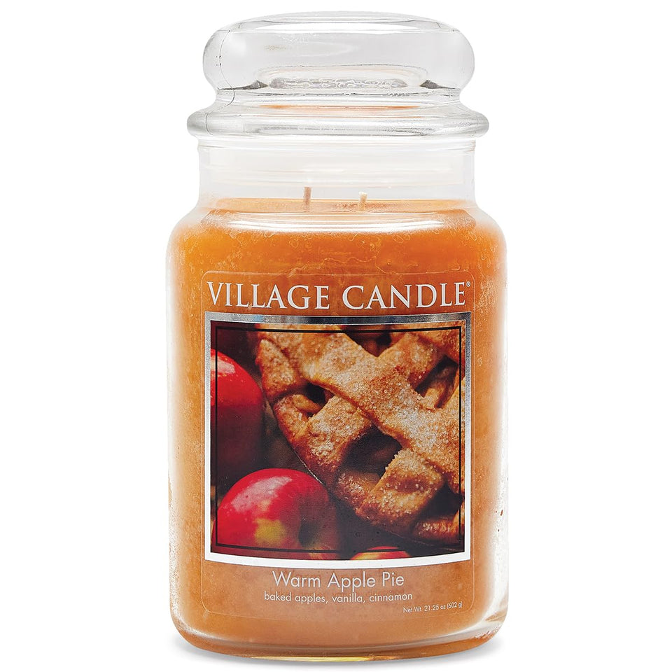 Village Candle Warm Apple Pie glass jar delivers a cozy autumn aroma for living spaces.