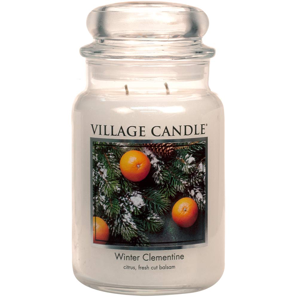 Village Candle Winter Clementine apothecary jar close-up with label for long-lasting fragrance.