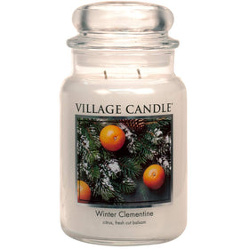 Village Candle Winter Clementine apothecary jar close-up with label for long-lasting fragrance.