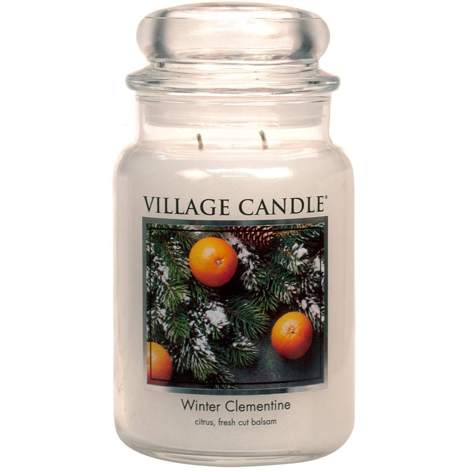 Village Candle Winter Clementine apothecary jar close-up with label for long-lasting fragrance.