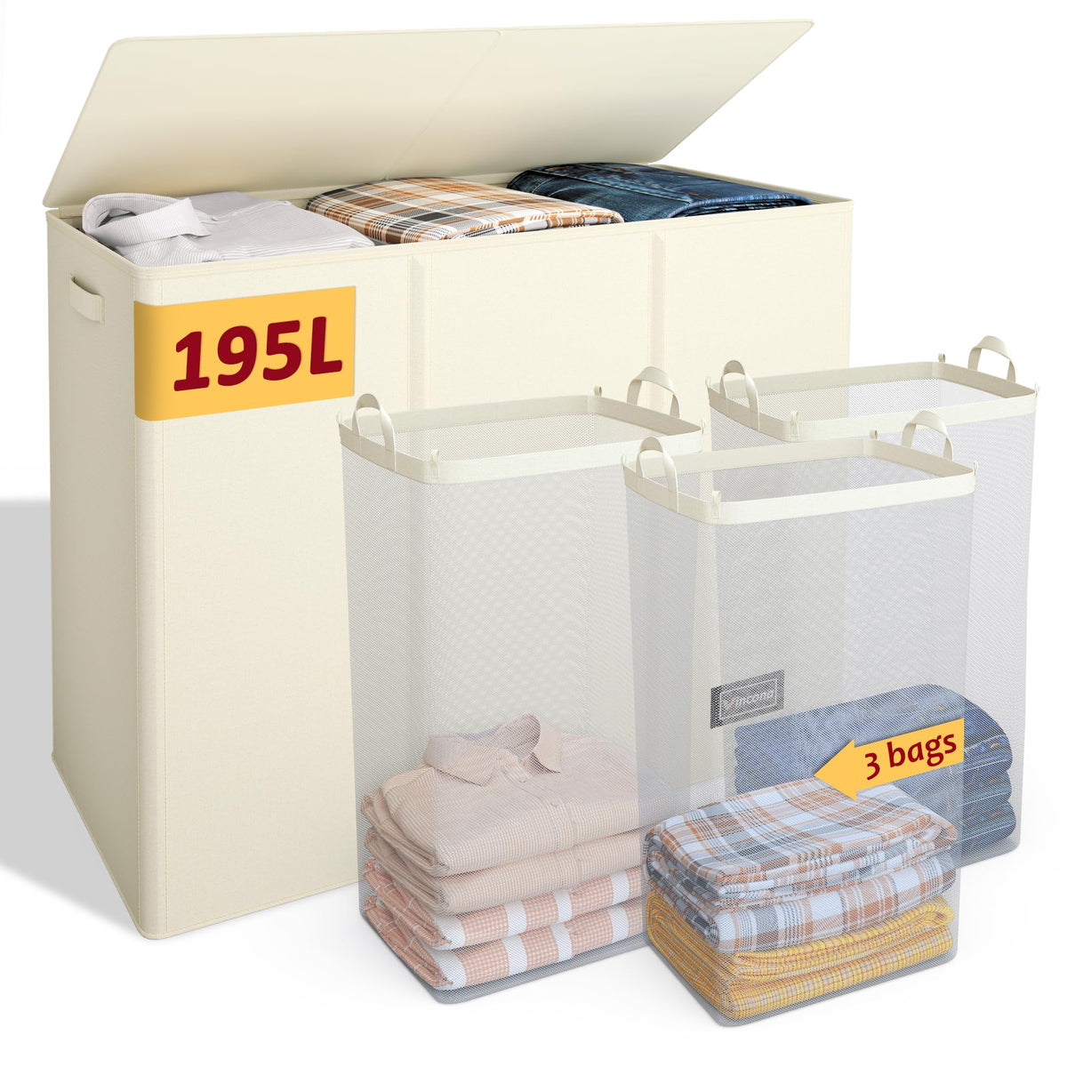 Vincona 195L three-section laundry hamper front view for large family sorting.