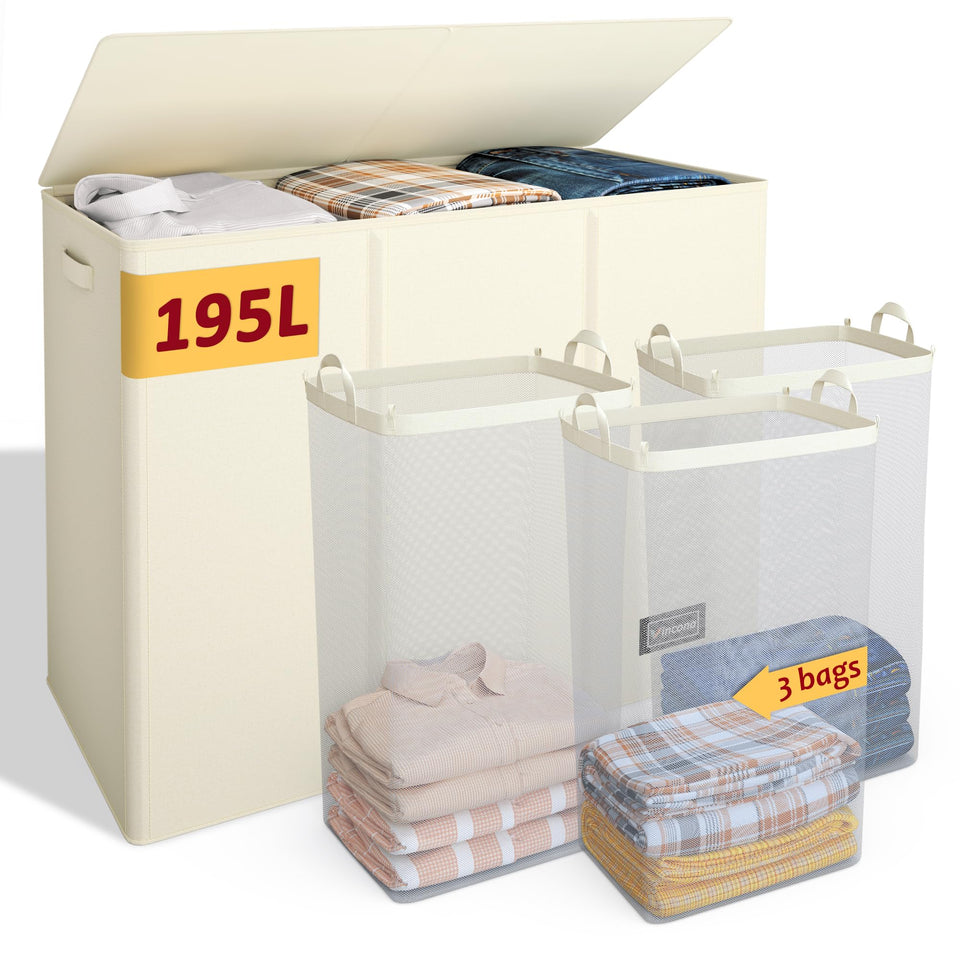 Vincona 195L three-section laundry hamper front view for large family sorting.