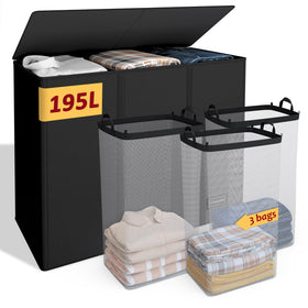 Vincona 195L laundry hamper front view with three compartments for easy sorting.