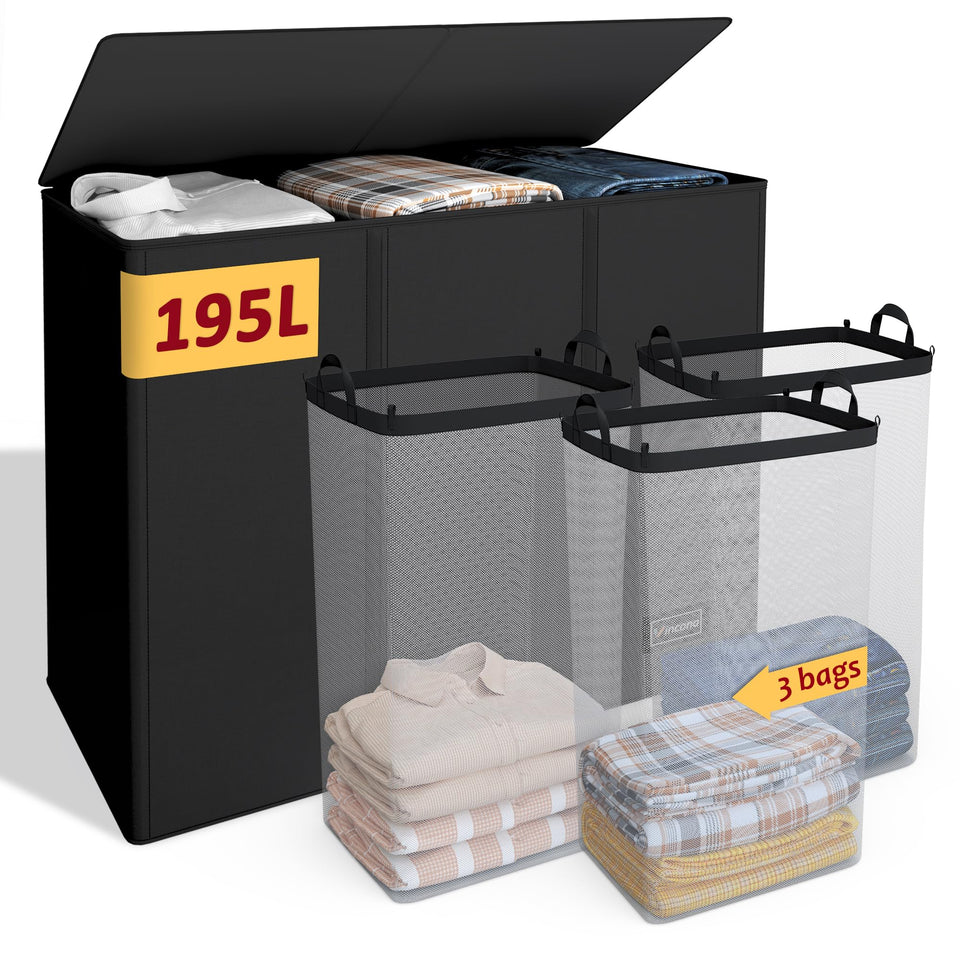 Vincona 195L laundry hamper front view with three compartments for easy sorting.