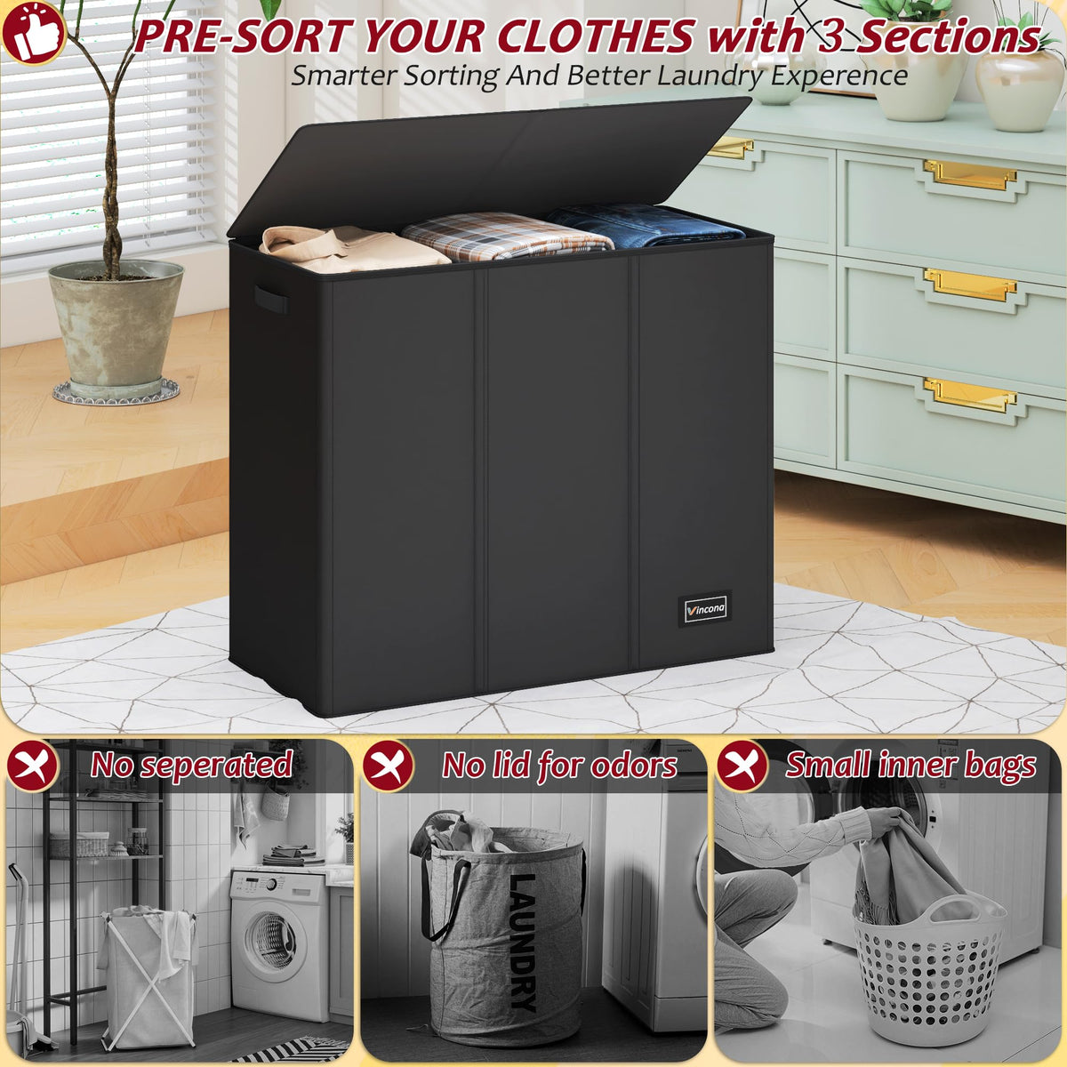 Vincona 195L laundry hamper with lid closed for a tidy space.