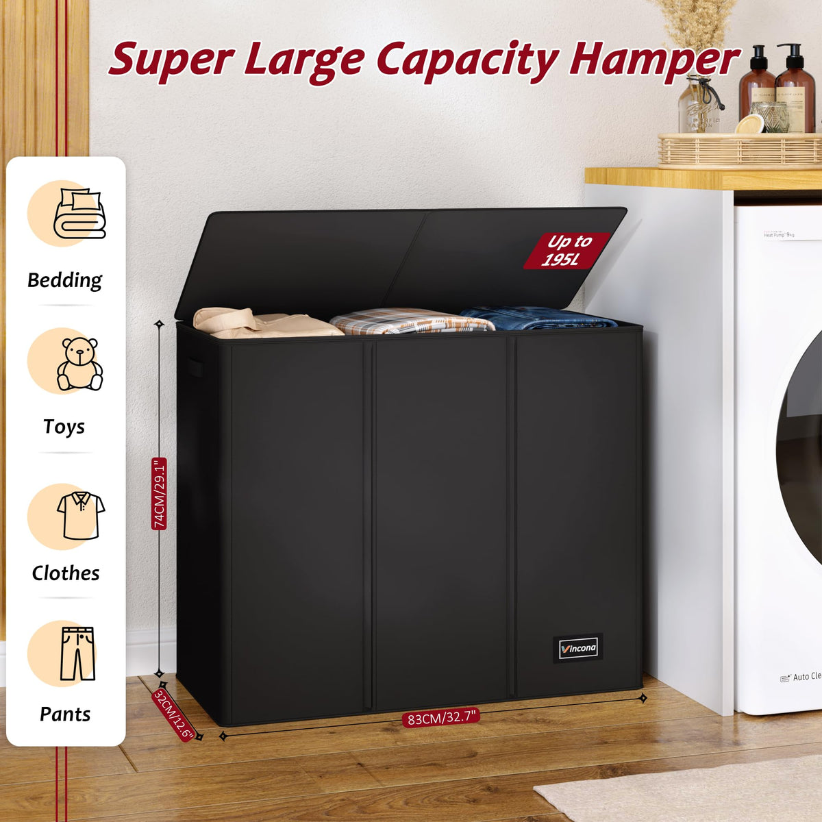 Vincona 195L laundry hamper side view highlighting sturdy frame and portability.