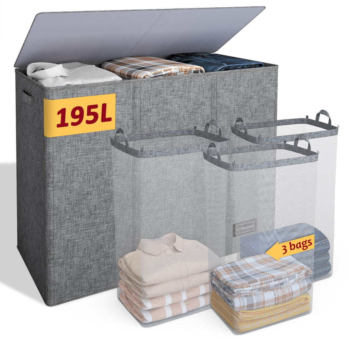 Vincona 195L three-section laundry hamper showing large capacity for organized sorting