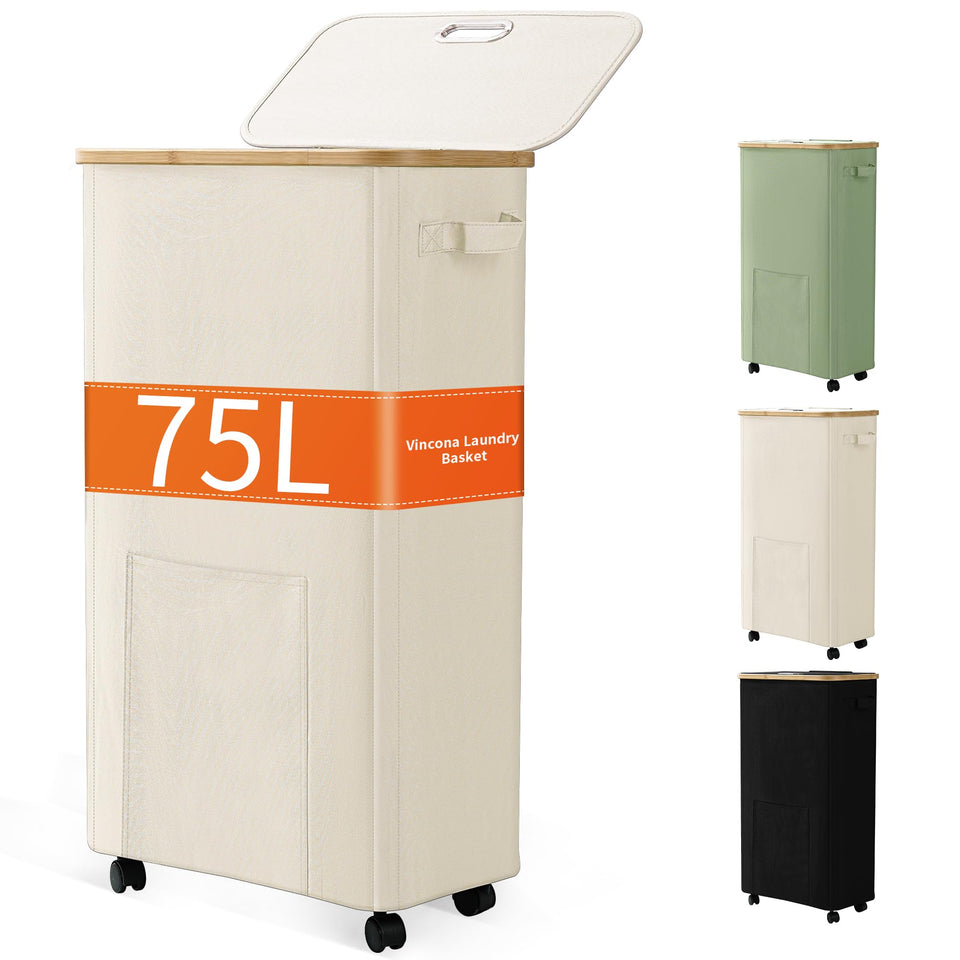 Vincona laundry basket with wheels and lid for easy transport in small spaces.