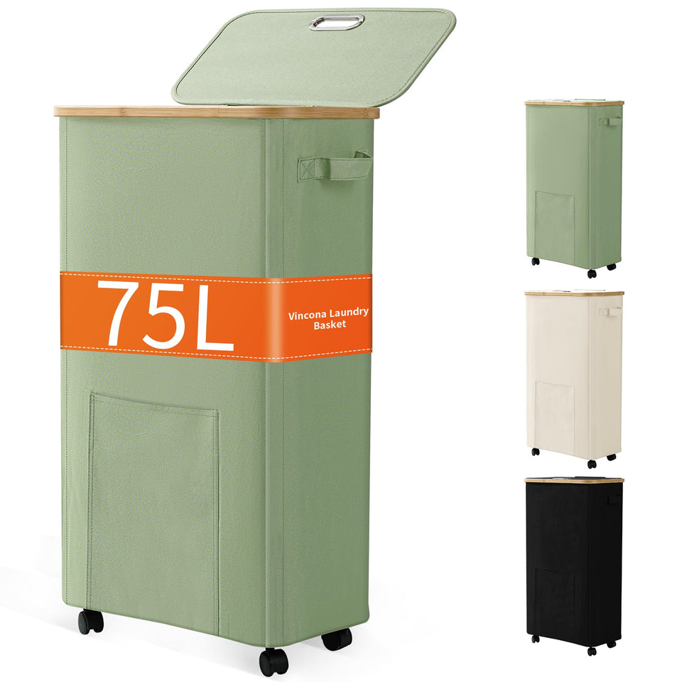 Vincona laundry basket with wheels and lid for easy transport and concealment.