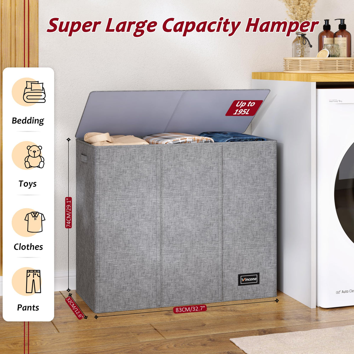Vincona laundry hamper with lid concealing dirty clothes and odor control