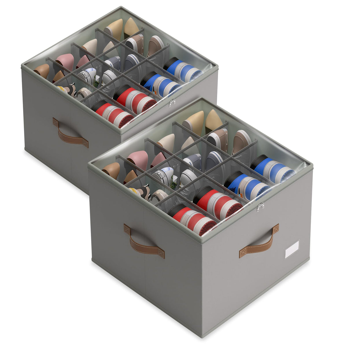 Vincona shoe organizer with clear cover showing contents and dust protection