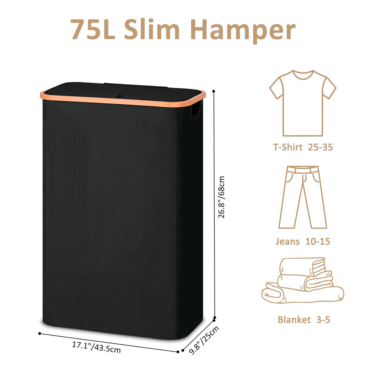 Vincona Slim Laundry Basket offers 75L capacity for full loads in tight spaces.