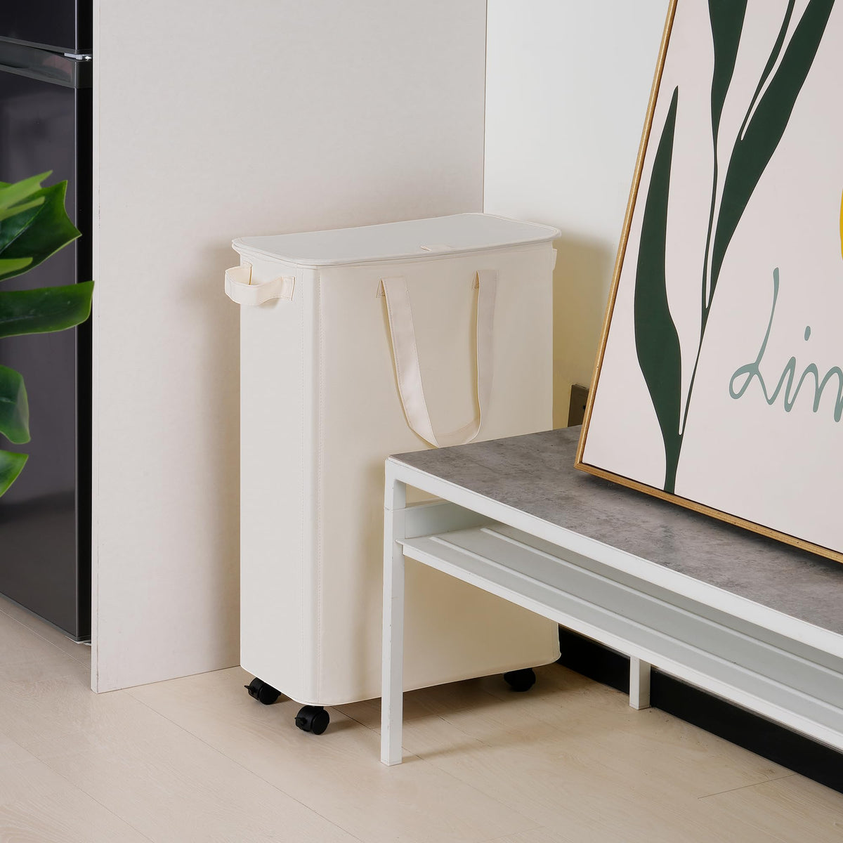 Vincona beige slim hamper in a bedroom setting for neat storage
