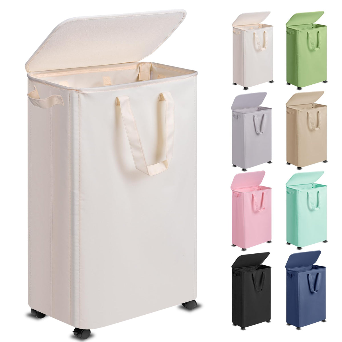 Vincona Slim Laundry Hamper with lid and wheels in full view for small spaces