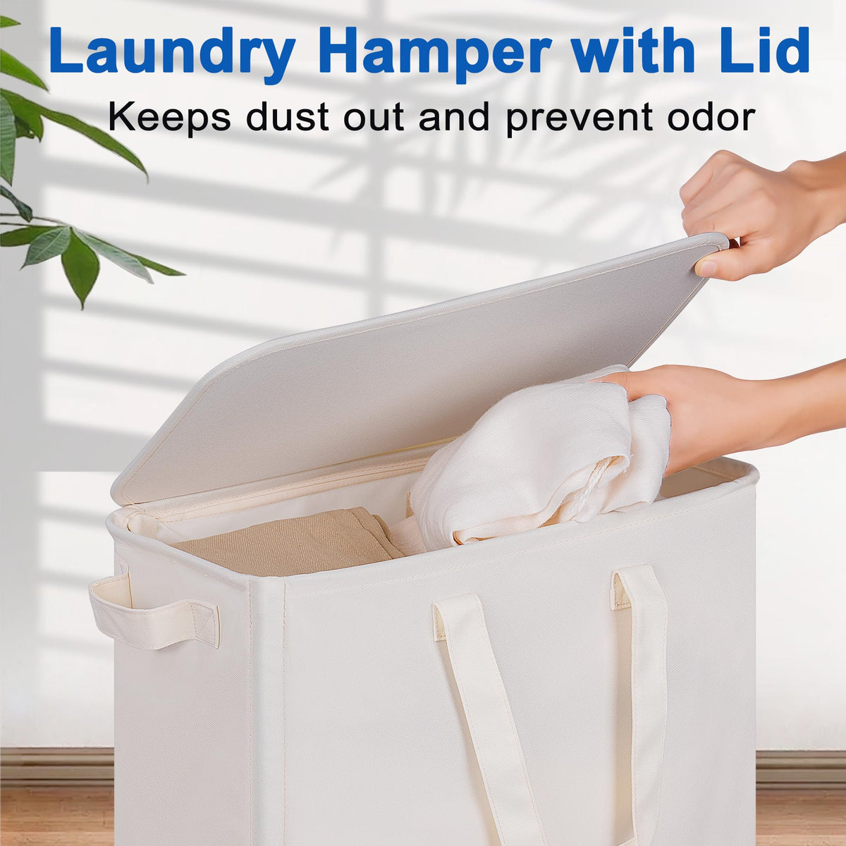 Vincona slim hamper with lid on beige to hide laundry and control odors