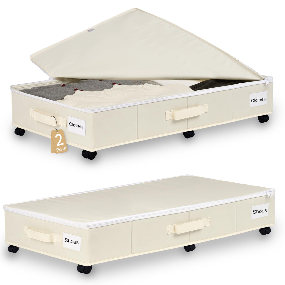 Vincona under-bed storage with wheels for easy access to clothing.