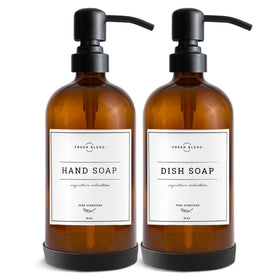 Vine Creations amber glass soap dispensers 2-pack, refillable and stylish.