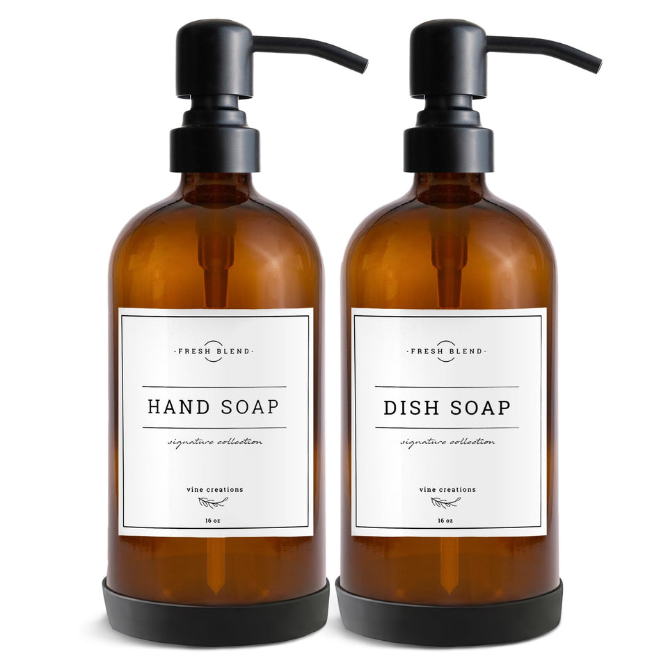 Vine Creations amber glass soap dispensers 2-pack, refillable and stylish.