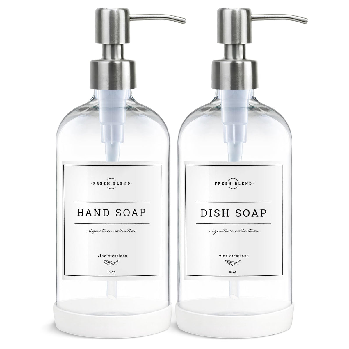 Vine Creations clear glass soap dispenser 2-pack for a clean kitchen look.