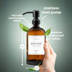 Vine Creations dish soap dispenser with clear labeling and easy refills.