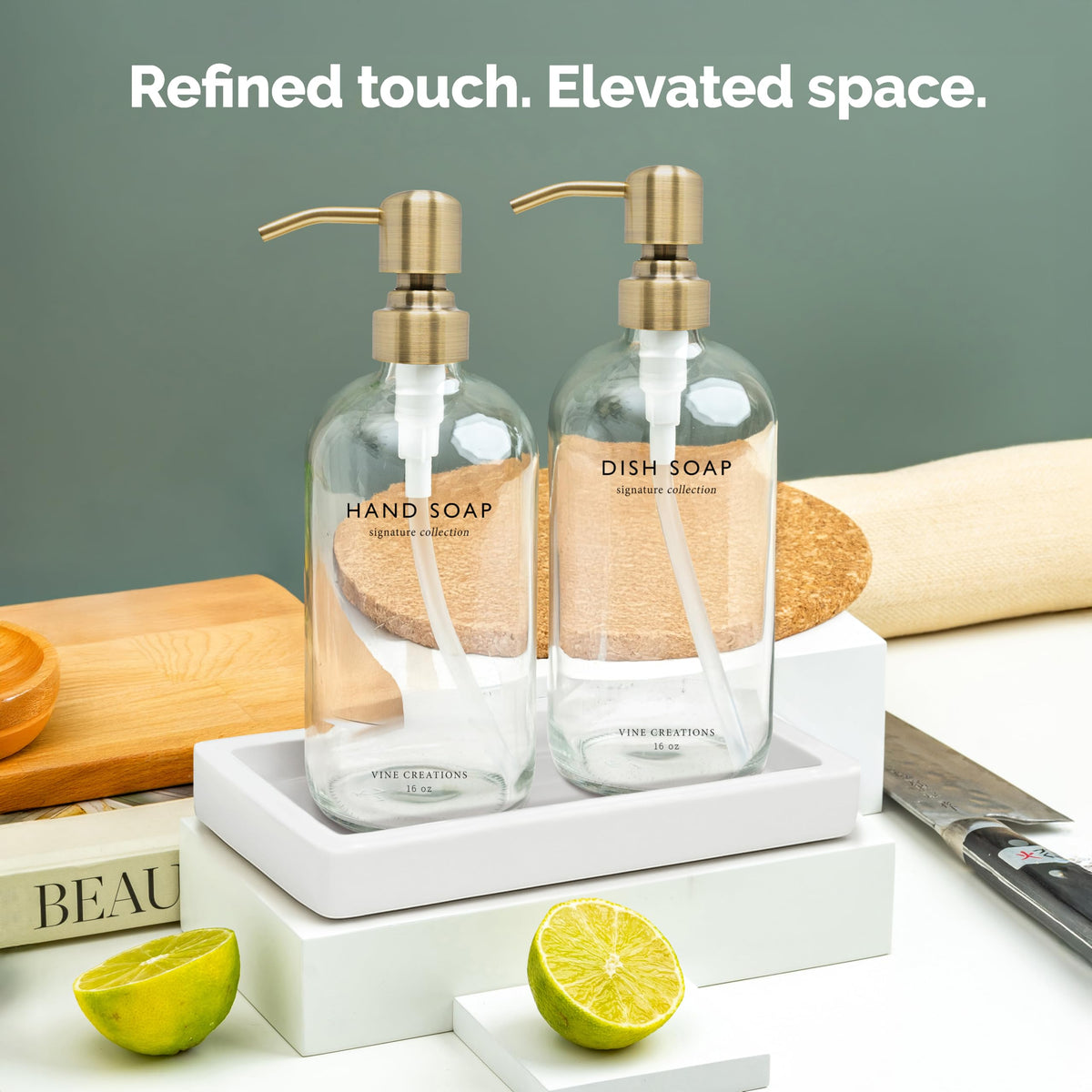 Vine Creations dish soap dispenser beside the sink for convenience