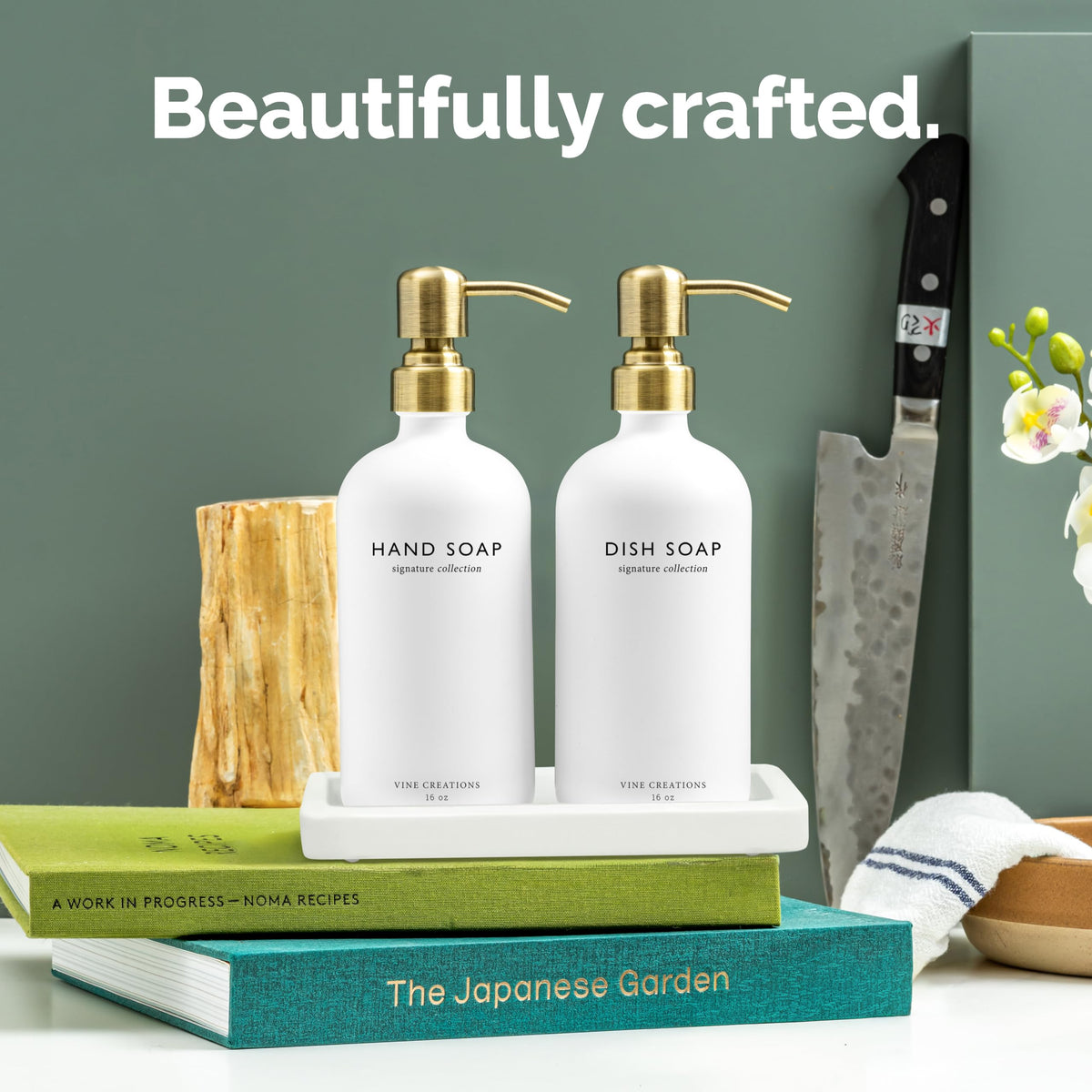 Brushed brass pump detail on Vine Creations dispenser enhances durability and style.