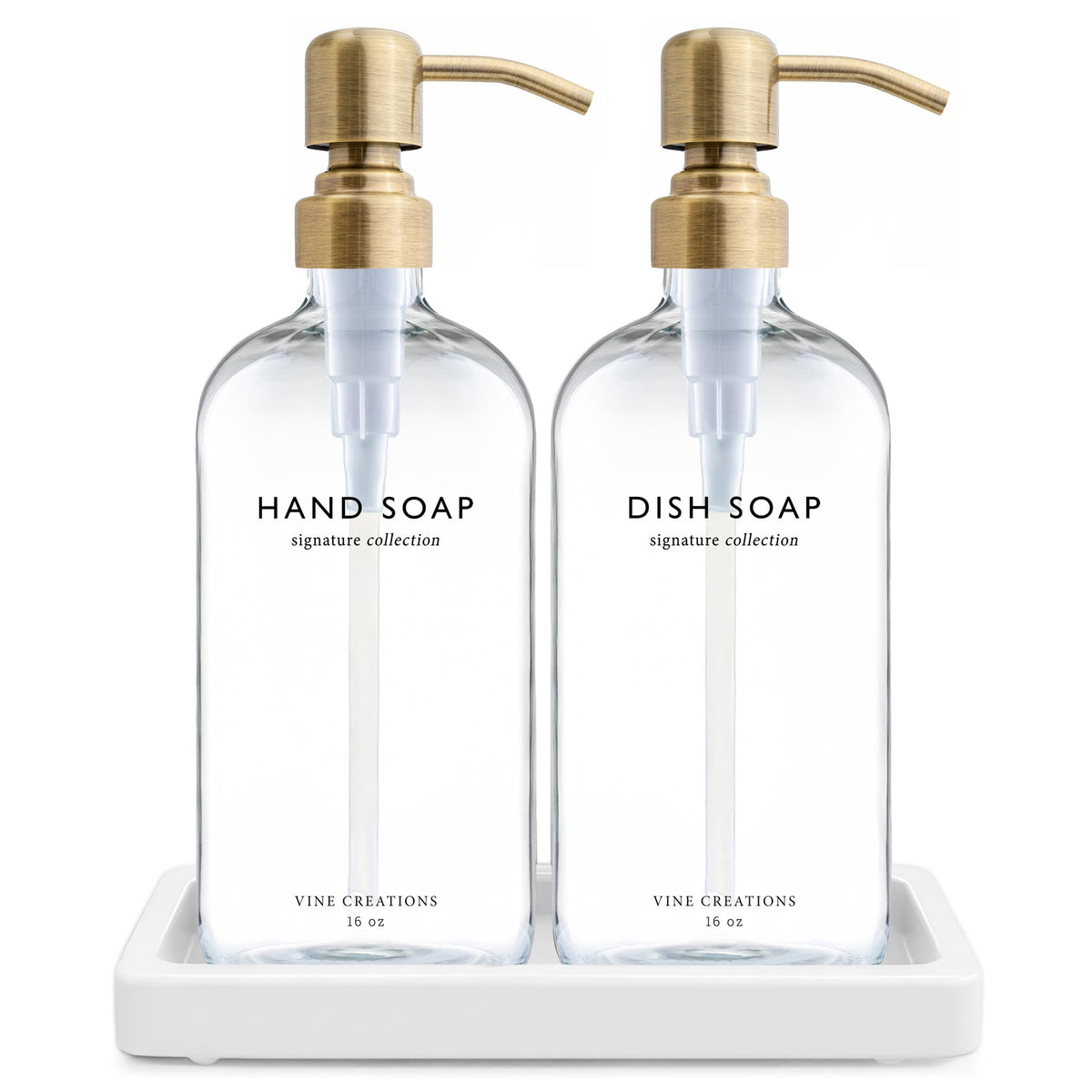Vine Creations glass soap dispenser set with brushed brass pump for a modern kitchen
