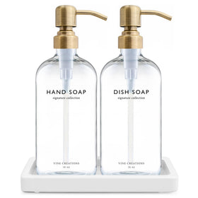 Vine Creations glass soap dispenser set with brushed brass pump for a modern kitchen