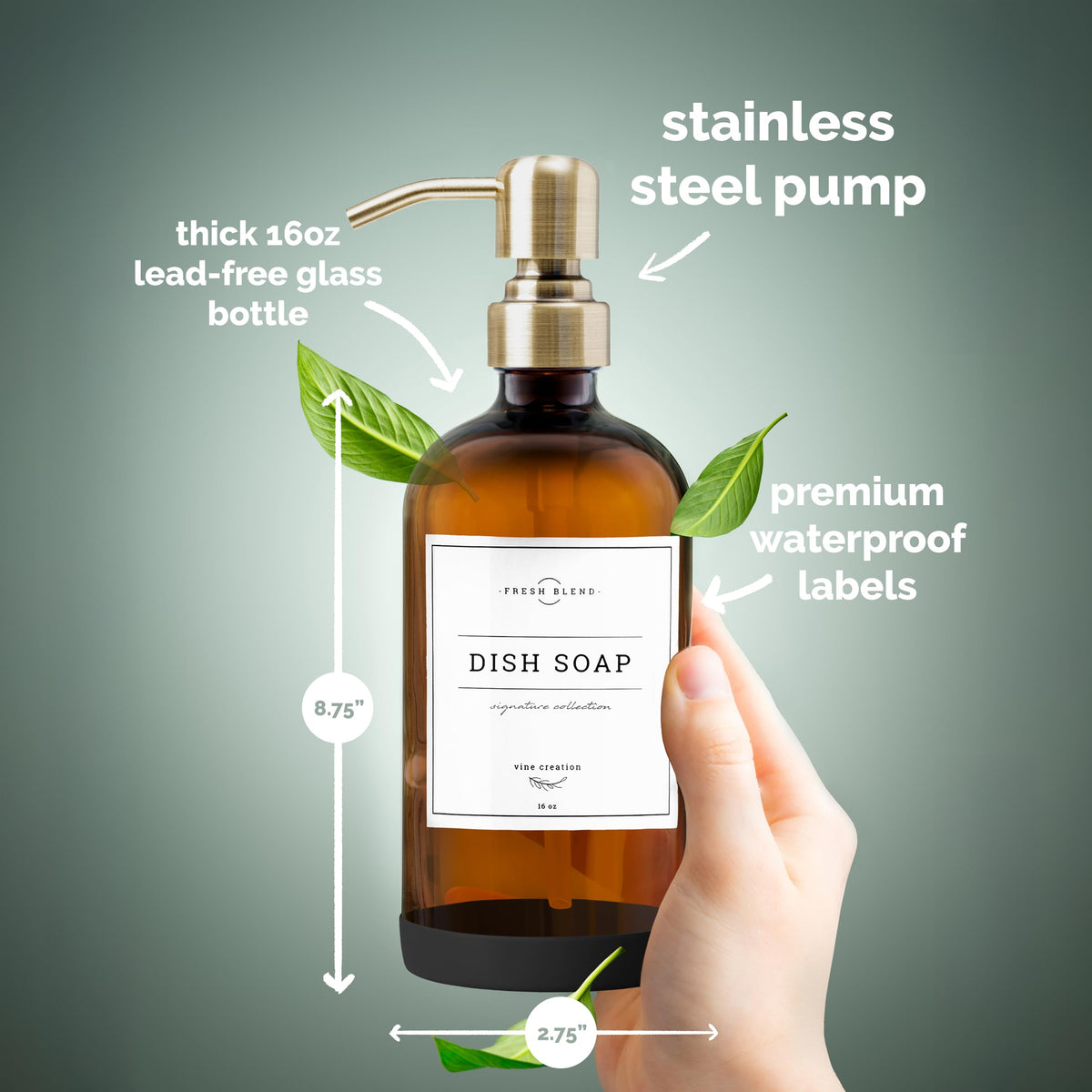 Vine Creations lead-free amber glass bottles ensure safe, durable daily use.