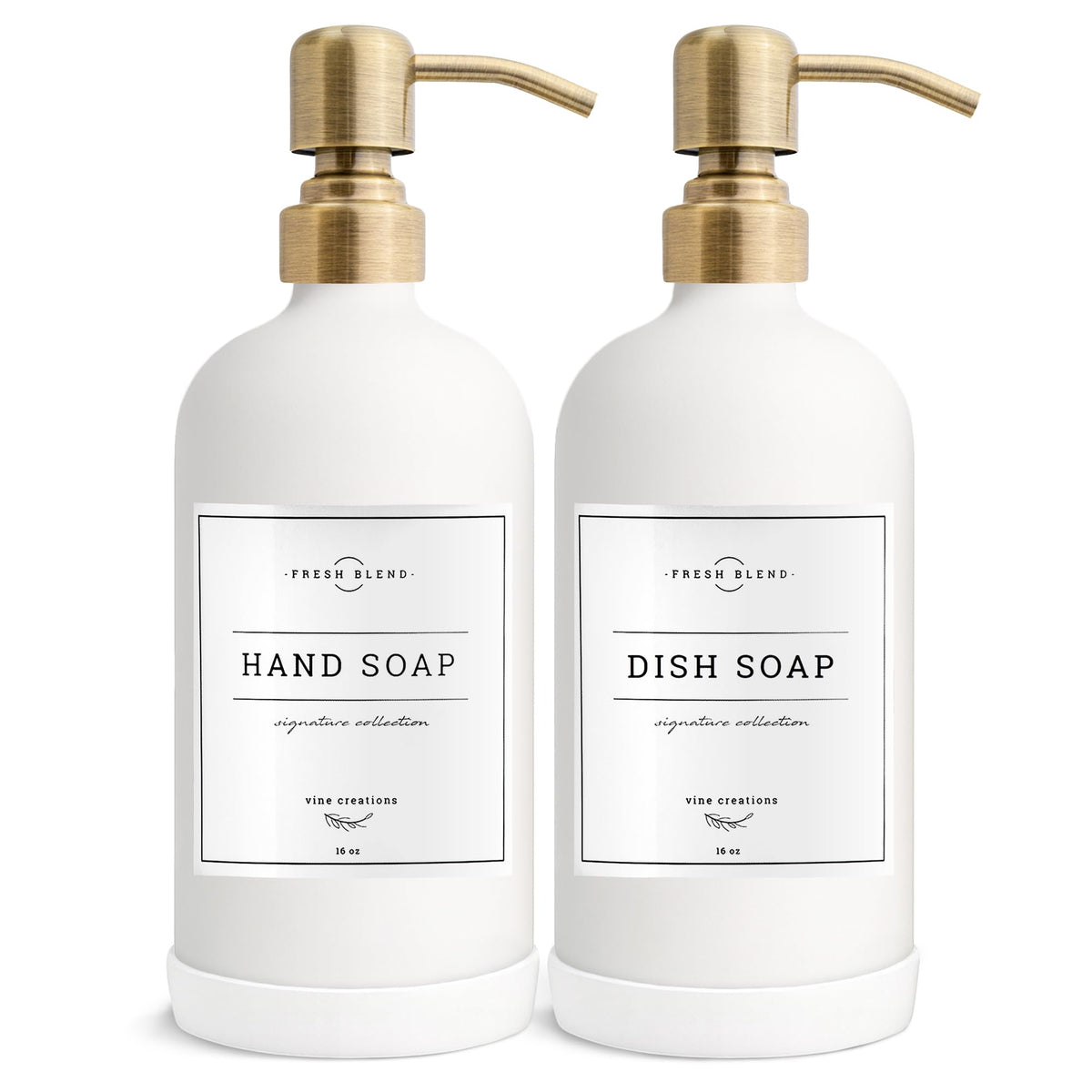 Vine Creations white glass soap dispenser 2-pack front view for clean kitchen and bath