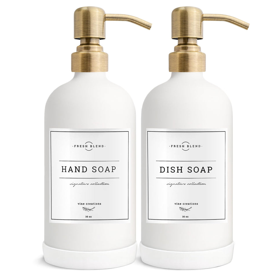 Vine Creations white glass soap dispenser 2-pack front view for clean kitchen and bath