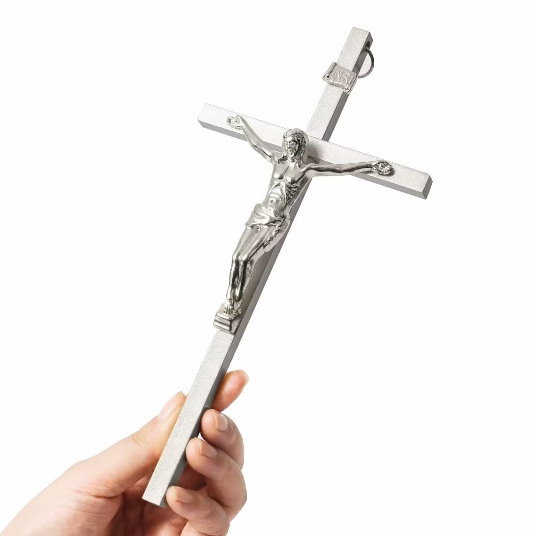 VINETEN crucifix wall cross silver 8in on wall showcasing sleek modern design