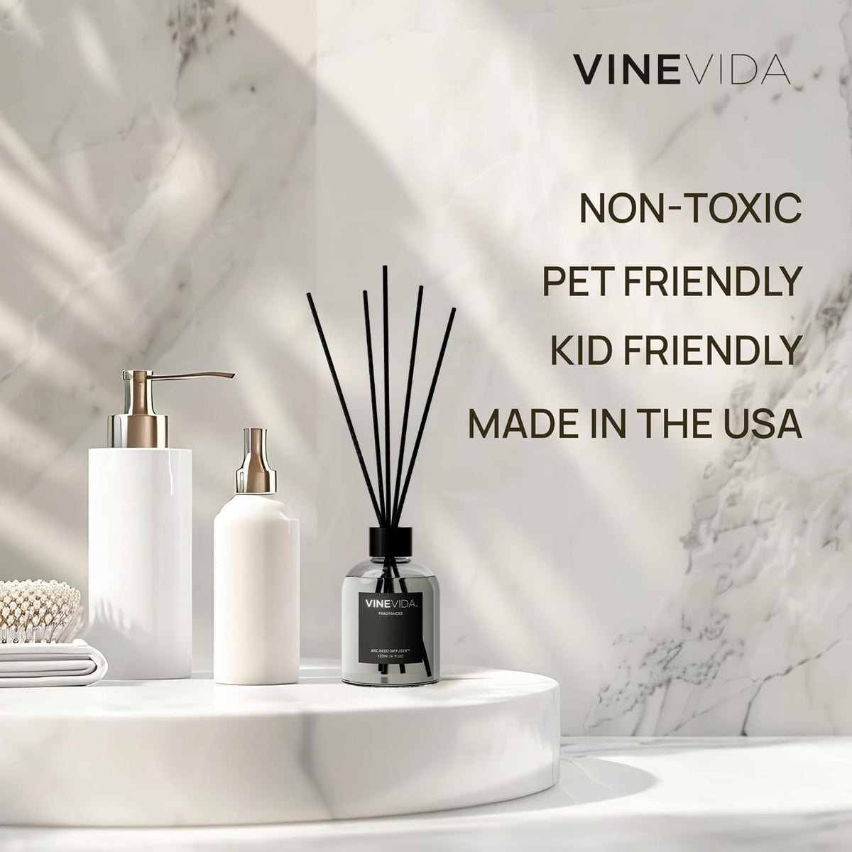 VINEVIDA Volcano bathroom diffuser on a vanity adds subtle fragrance.