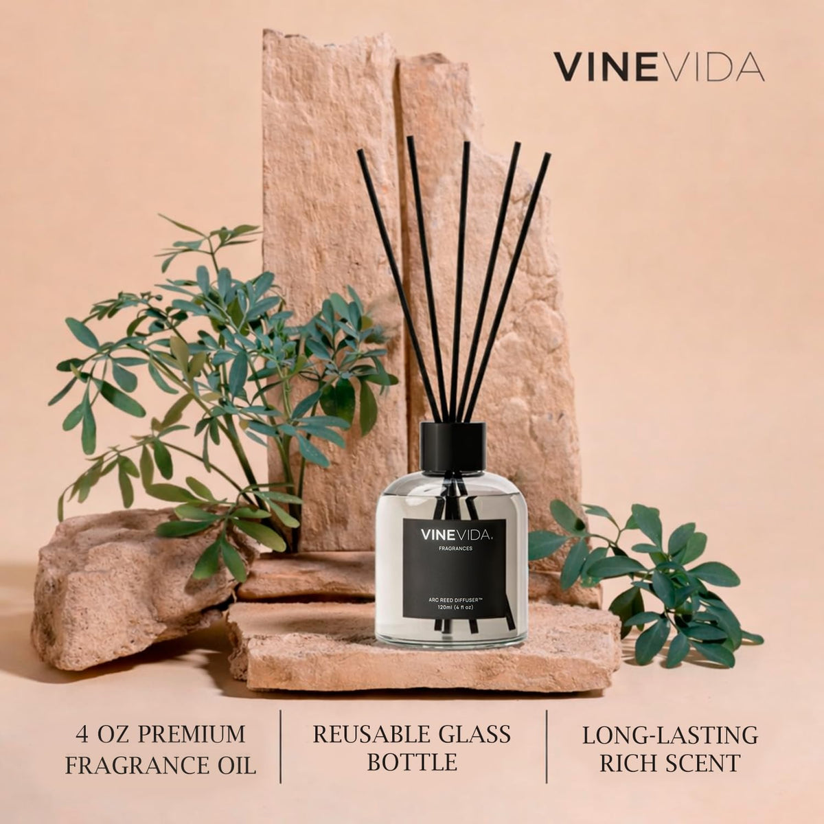VINEVIDA Volcano reed diffuser set—bottle and sticks ready to freshen.