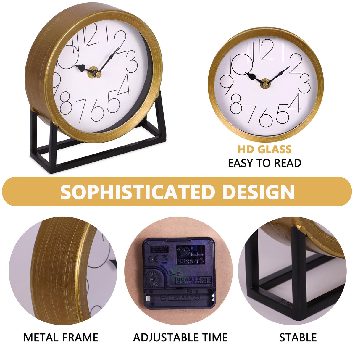 VinSees Gold Mantel Clock with quiet movement creates a serene room ambience.