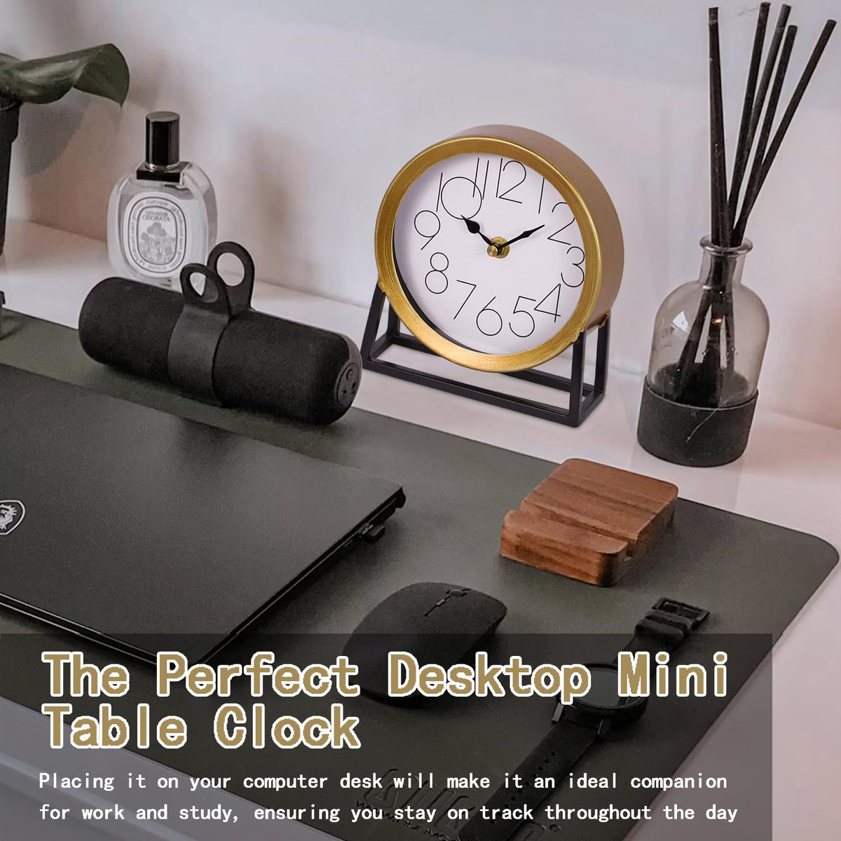 VinSees Gold Table Clock on Stand complements a bedside or shelf setup.