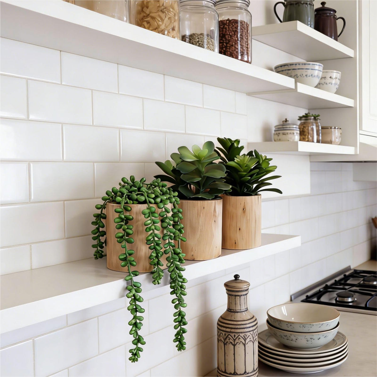 VINSUNI natural wood pot succulent arrangement, ready to display