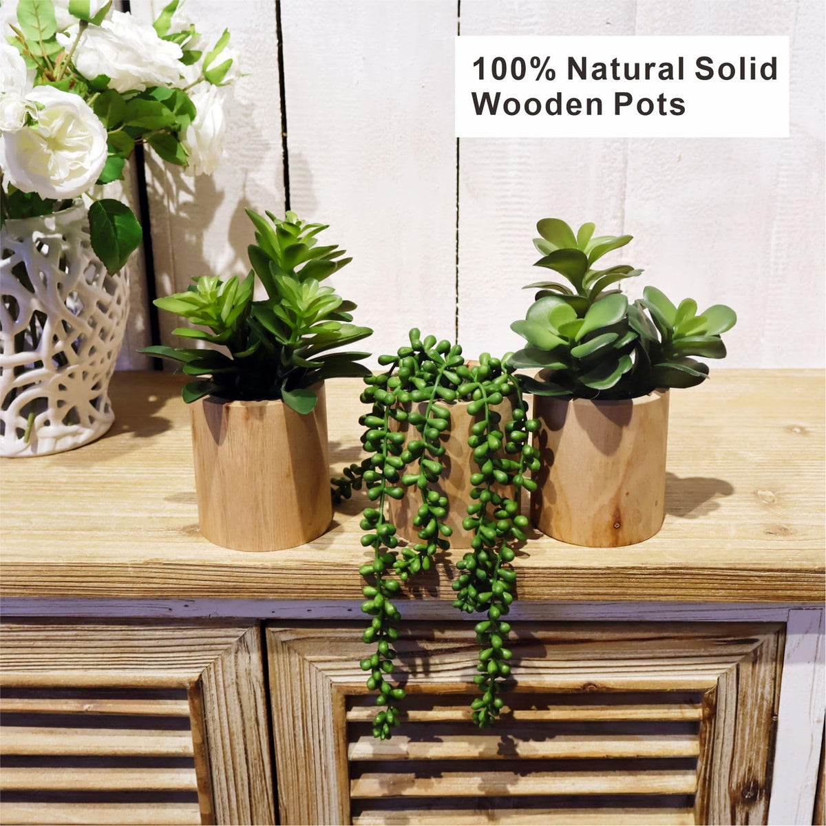 VINSUNI pet-safe material succulent with wooden pot, safe home decor
