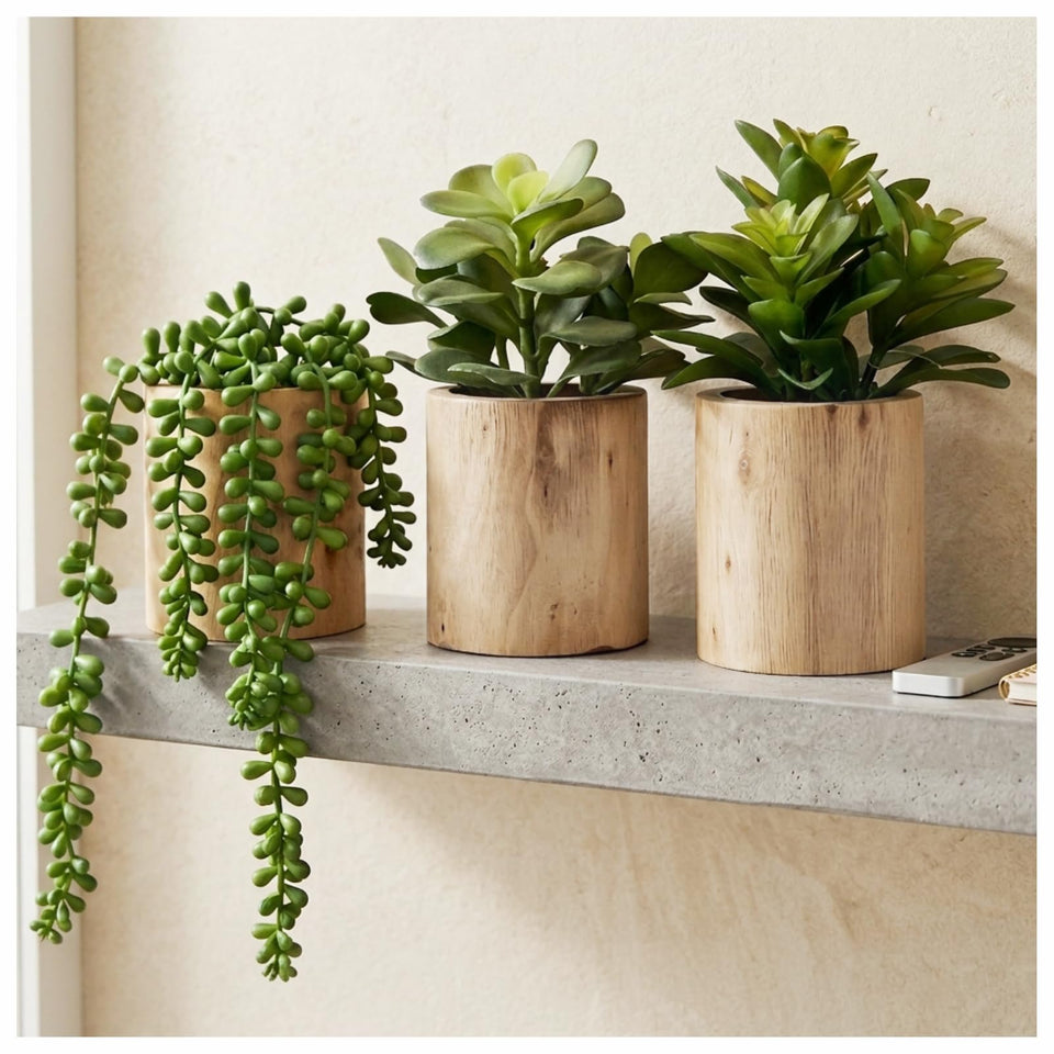 VINSUNI artificial succulents in wooden pot set 1, lifelike texture ideal for desk decor