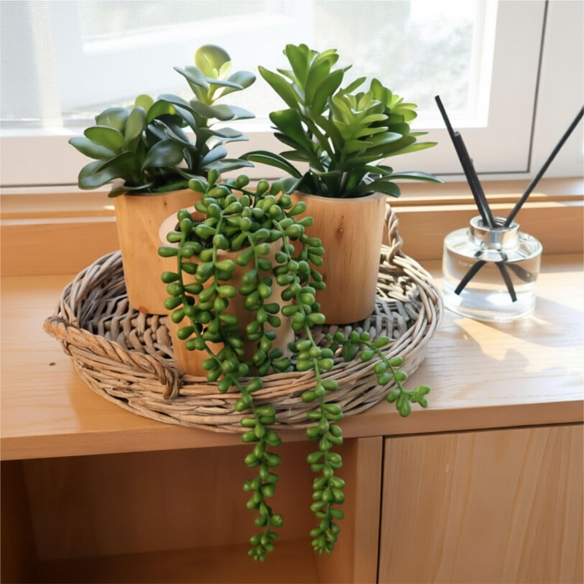 VINSUNI artificial succulents wooden pot set 2, varied shapes for stylish shelves