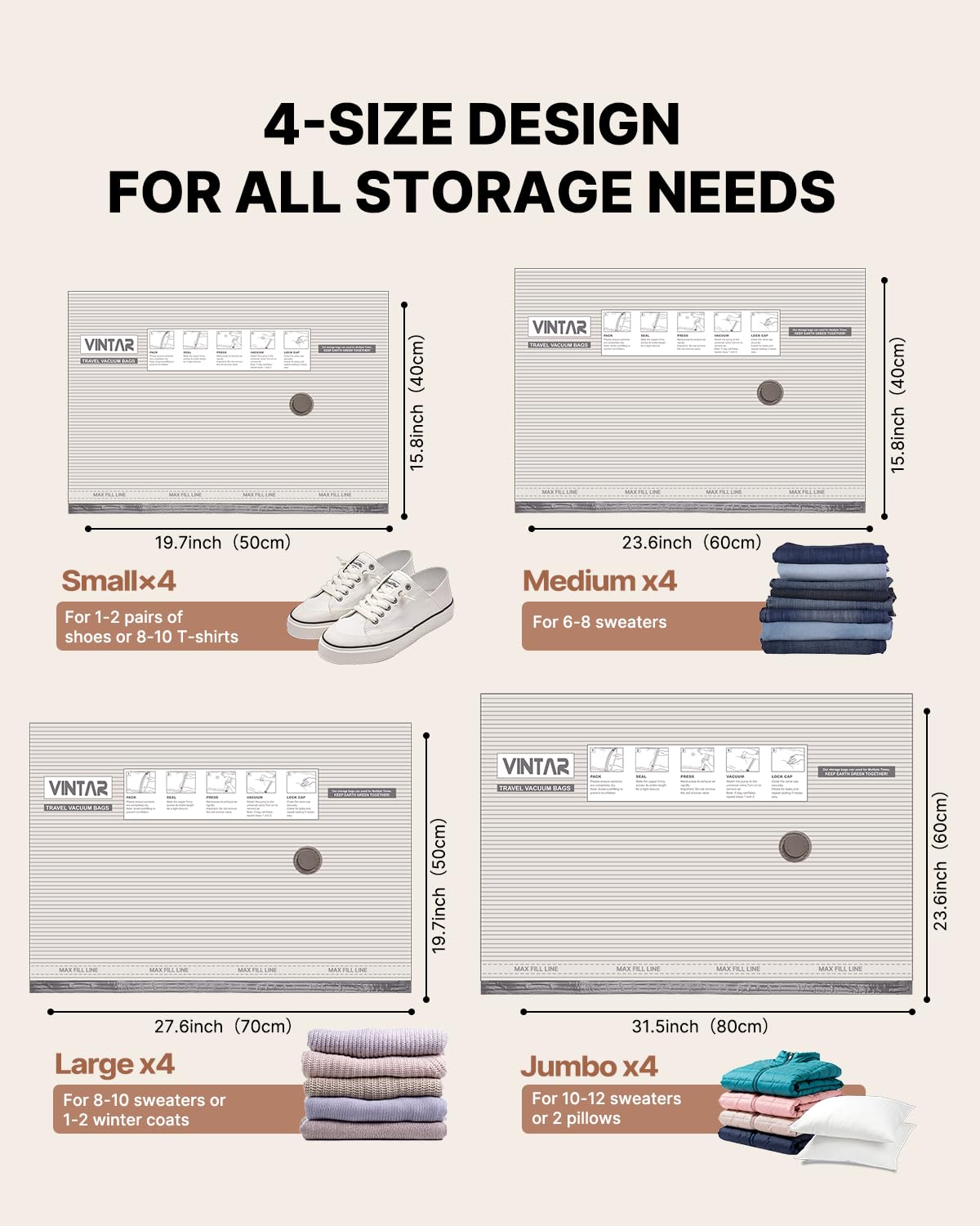 VINTAR 16 pack with four sizes for versatile clothing storage