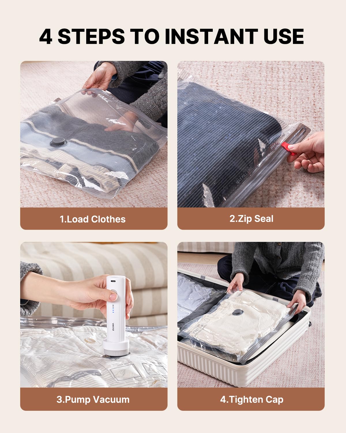 Transparent windows on VINTAR bags aid quick content identification.