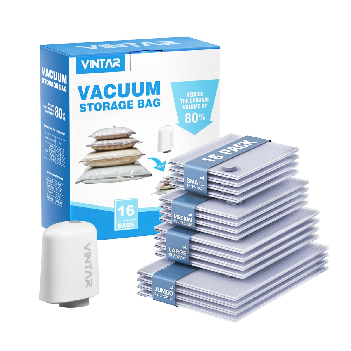 VINTAR travel vacuum bags in use with cordless pump for fast space saving.