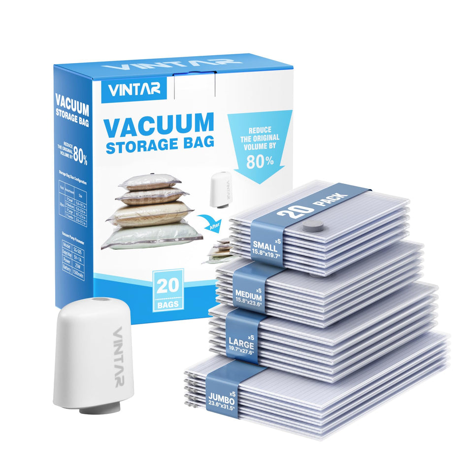 VINTAR vacuum-seal bags with cordless pump for travel, compact packing