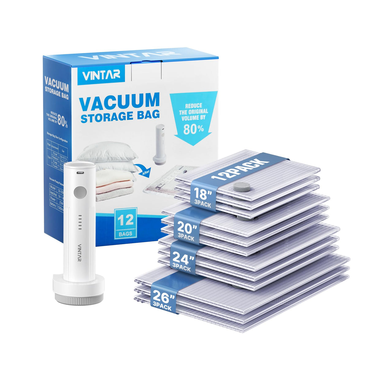 VINTAR vacuum seal bags for travel in a 12-pack, showing space-saving potential.